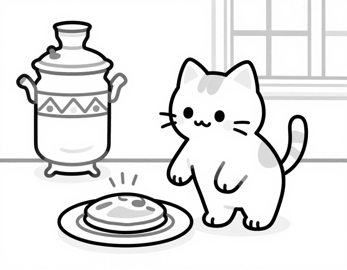Раскраска с котёнком, который играет с блином на тарелке, рядом самовар и солнечное окно