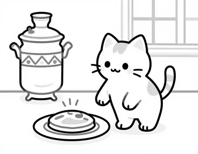 Раскраска с котёнком, который играет с блином на тарелке, рядом самовар и солнечное окно