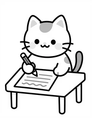 Раскраска с милым котёнком, который сидит за столом и обводит волнистые линии в прописях карандашом
