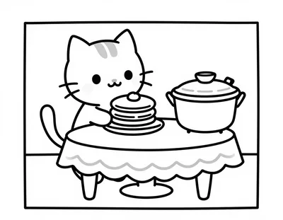 Раскраска: котёнок держит тарелку с блинами за столом, рядом кастрюля и самовар