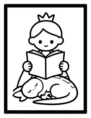 Раскраска: принцесса с книгой в руках читает вслух, а рядом у камина спит маленький дракон