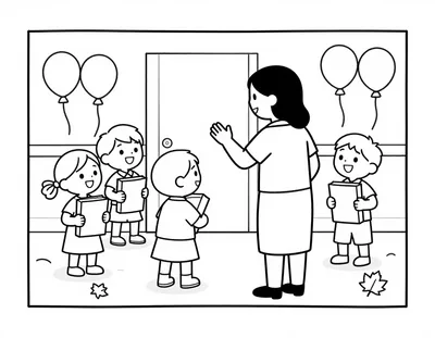 Раскраска, на которой учительница приветствует детей с книгами и воздушными шарами у двери класса
