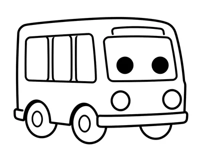 Раскраска с большим дружелюбным городским автобусом, у которого круглые фары вместо глаз и улыбка на лобовом стекле.